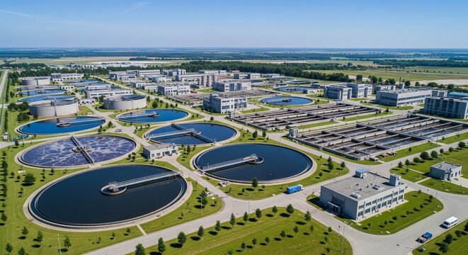 Aerial View of a Modern Wastewater Treatment Plant with Circular Clarifiers and Industrial Buildings, Environmental Engineering and Infrastructure Concept Photography