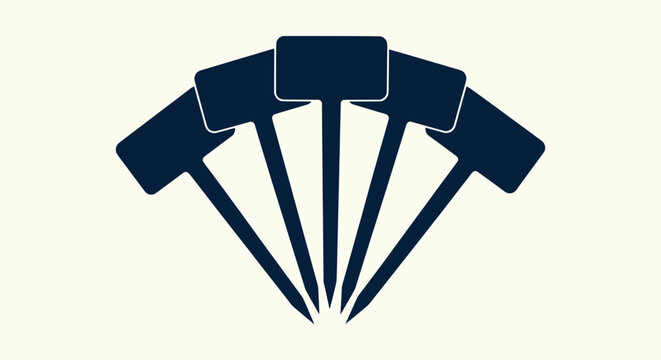 Set of five dark blue T-shaped garden markers silhouette for plant identification and labeling.