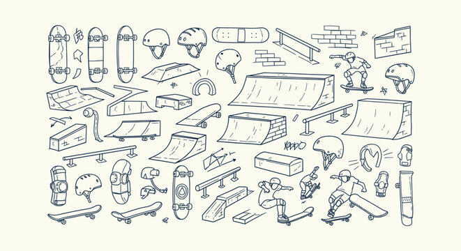 Collection of hand drawn skateboarding doodles with ramps, skateboards, helmets and active skaters.