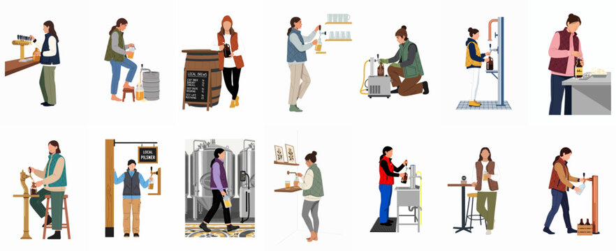 Flat vector illustration set of craft brewery workers and bartenders pouring beer, filling growlers, and working in a taproom or brewery environment.