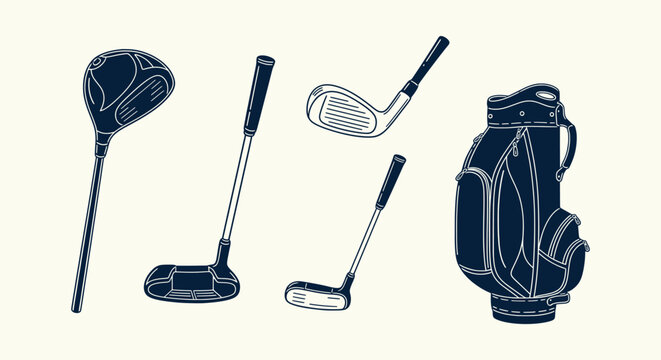 Hand-drawn golf equipment set with driver, putter, iron club and golf bag icons for sport design.