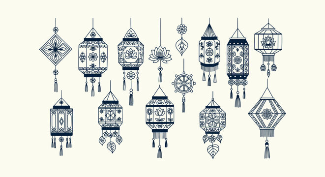 Collection of Traditional Vesak Lantern Line Art Icons for Sri Lankan Buddhist Festival Decoration