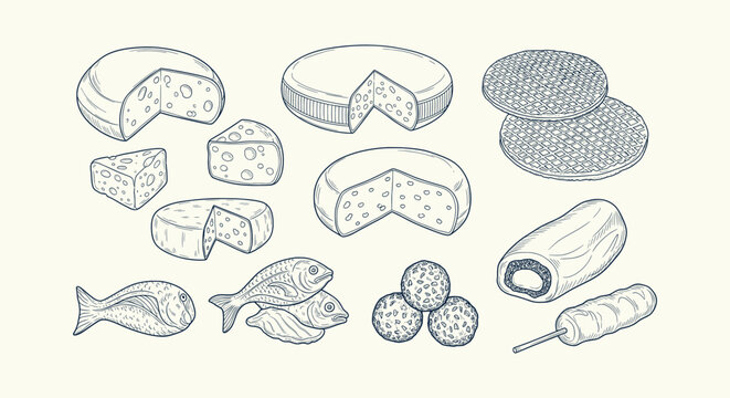 Traditional Dutch snacks and food collection with cheese stroopwafels fish and bitterballen sketch