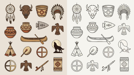 Collection of Native American cultural symbols and artifacts, including dreamcatchers, tipis, canoes, and animal totems, presented in both color and outline. © renender