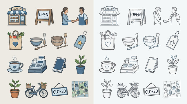 A collection of hand-drawn icons representing various aspects of small business operations and daily life, presented in both color and outline versions.