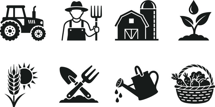 Farming agriculture icons collection, tractor barn farmer plant watering crop harvest vector illustration, cultivation produce artwork design graphic - black and white flat vector illustration