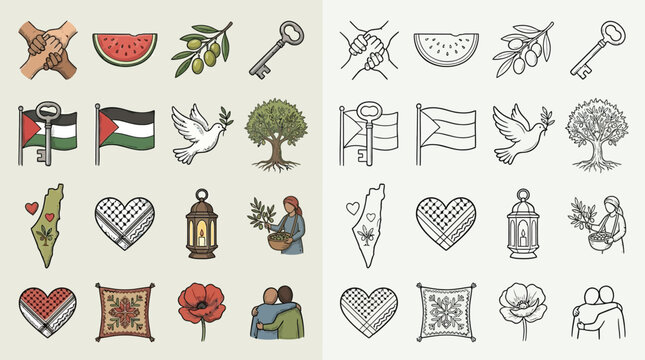 Collection of illustrated symbols and icons representing Palestinian culture, heritage, and identity, presented in both color and monochrome versions.
