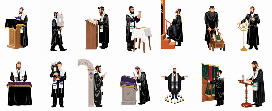 Collection of illustrations depicting Jewish men performing various religious rituals and traditions, including reading the Torah, praying, and celebrating holidays.