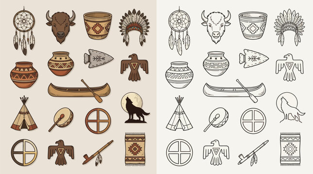 Collection of Native American cultural symbols and artifacts, including dreamcatchers, tipis, canoes, and animal totems, presented in both color and outline.