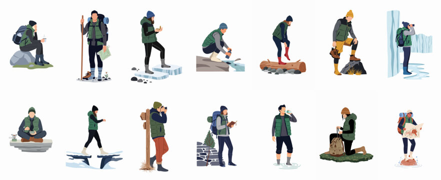 Vector character set featuring hikers and backpackers engaged in various outdoor activities like map reading, trekking, and camping in the wilderness.