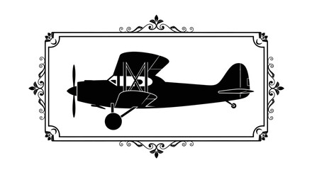 Vintage biplane silhouette within an ornate rectangular frame © Win