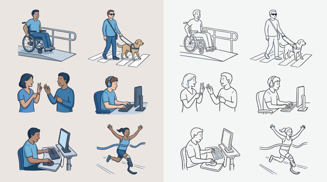 Illustrations depicting people with disabilities participating in various activities, including using ramps, guide dogs, and adaptive technology.