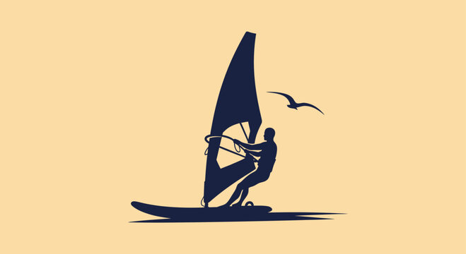 Dark silhouette of a windsurfer on a board with a large sail and a bird flying overhead