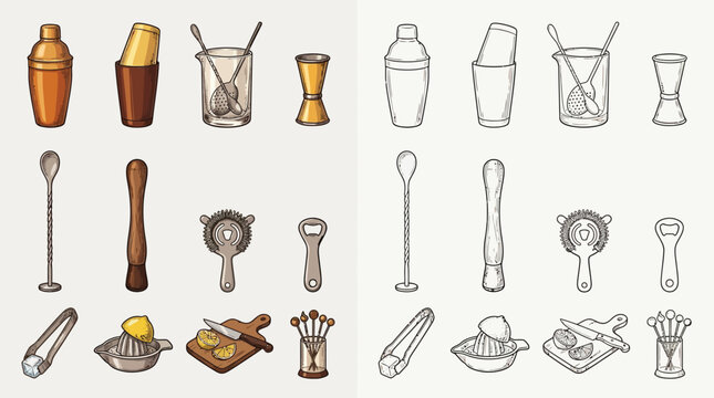 Collection of hand-drawn cocktail bar tools and accessories, presented in both color and outline versions for design purposes.