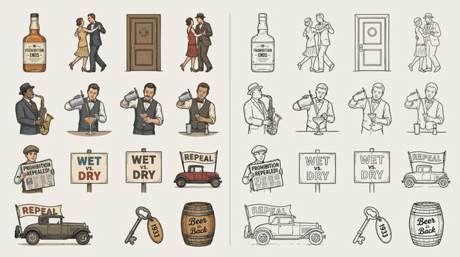 A collection of vintage illustrations depicting scenes and objects from the Prohibition era in America, including people, vehicles, and signs.