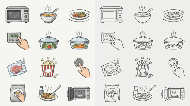 A collection of colorful and monochrome icons depicting various microwave oven functions and food preparation steps.