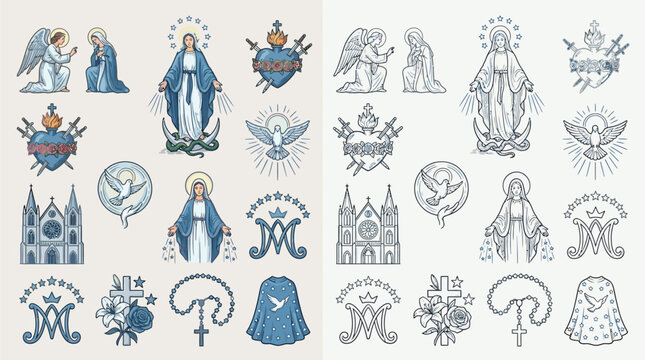 Collection of religious symbols and iconography related to the Virgin Mary and Christian faith, presented in two color variations.