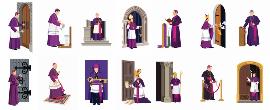 Comprehensive set of vector illustrations showing a Catholic bishop in purple vestments performing various liturgical rites, blessings, and ceremonial duties in a church.