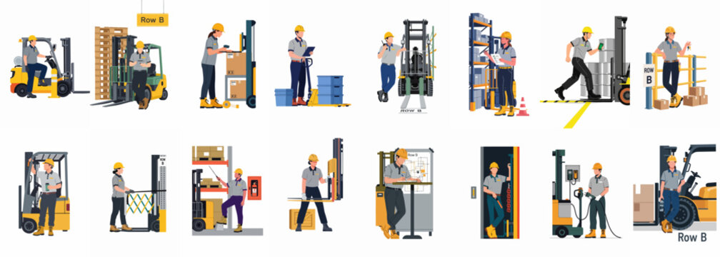 Flat illustration collection of warehouse workers operating forklifts, managing inventory, and performing logistical tasks in a distribution center setting.