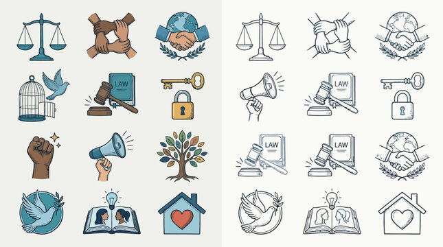 A collection of colorful and monochromatic icons representing justice, human rights, and social issues, including scales of justice, clasped hands, doves, and a gavel.