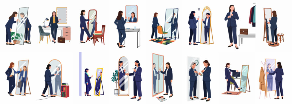 A set of flat vector illustrations of a businesswoman interacting with a mirror, symbolizing professional confidence, self-reflection, and preparation for work.
