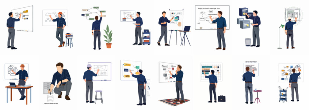 Comprehensive set of vector illustrations depicting a male systems architect designing complex microservices, flowcharts, and technical blueprints on multiple whiteboards.