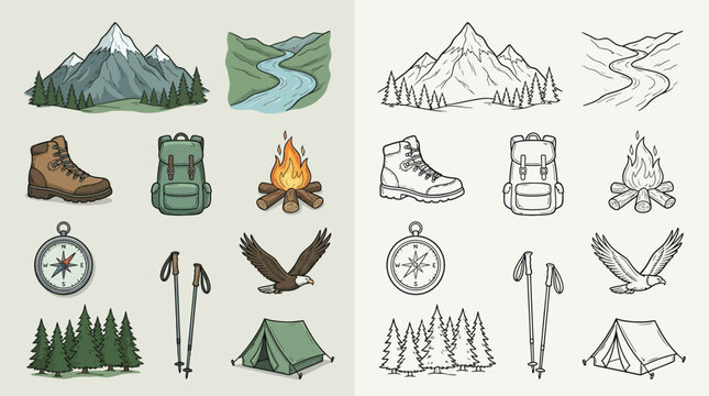 Collection of colorful and monochrome outdoor adventure and camping icons, including mountains, rivers, boots, backpacks, campfires, compasses, hiking poles, eagles, tents, and pine trees.