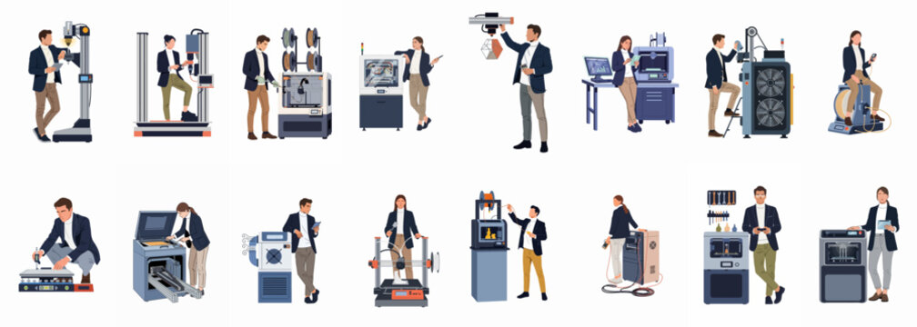 Comprehensive collection of diverse engineers and technicians operating various industrial 3D printers and high-tech manufacturing machinery in a modern laboratory setting.