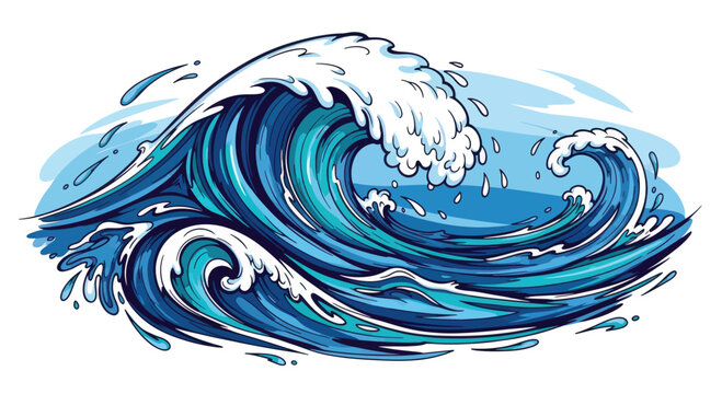 A dynamic illustration captures powerful blue ocean waves crashing and splashing