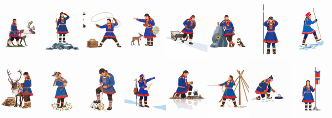 Collection of various illustrations depicting traditional Sami culture, clothing, and daily activities with reindeer in the Arctic Lapland region. © Songo