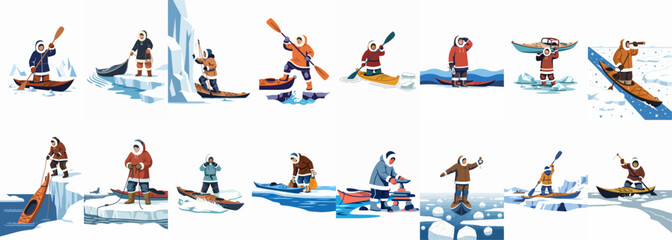 Flat Vector Illustration Set of Inuit Eskimo Characters in Arctic Scenes, Kayaking, Hunting, and Navigating Through Ice and Snow © Songo
