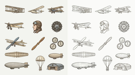 Collection of vintage aviation illustrations featuring airplanes, propellers, pilots, blimps, parachutes, and hangars. © renender