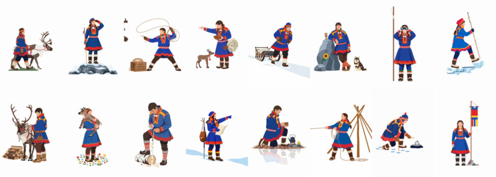 Collection of various illustrations depicting traditional Sami culture, clothing, and daily activities with reindeer in the Arctic Lapland region.
