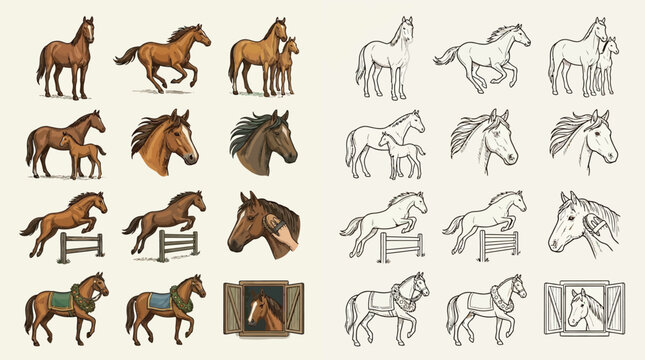 Collection of detailed illustrations and sketches of horses in various poses and activities, including jumping and portraits.