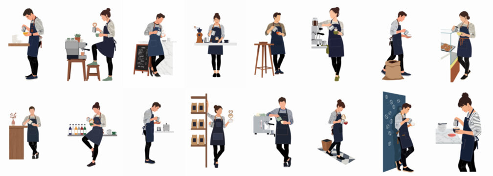 Set of flat vector illustrations of male and female baristas in various poses making coffee, pouring latte art, and working in a cafe.