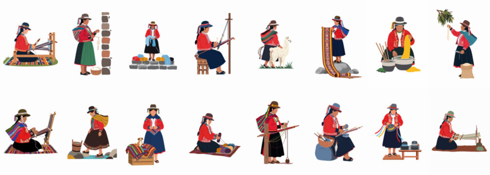 Flat vector set of Andean women in traditional dress engaged in textile production, weaving, spinning wool, and daily life activities.
