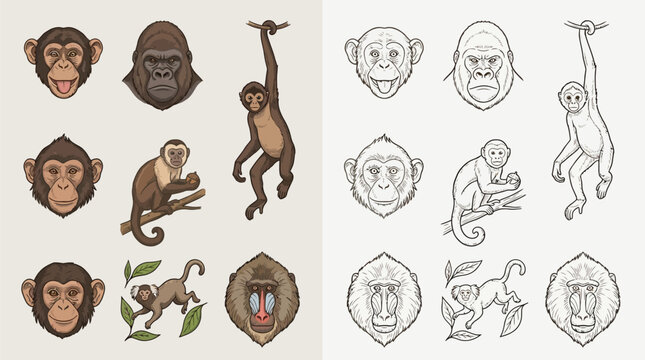 Collection of colorful and line-art illustrations of various monkey species, including chimpanzees, gorillas, and baboons, in different poses and close-ups.