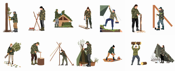 A comprehensive collection of illustrations showing people in camouflage gear performing various bushcraft and survival activities like building shelters and woodcraft. © Cristina