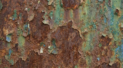 Fototapeta premium Close-up of weathered, rusty metal surface with peeling paint and textured details.