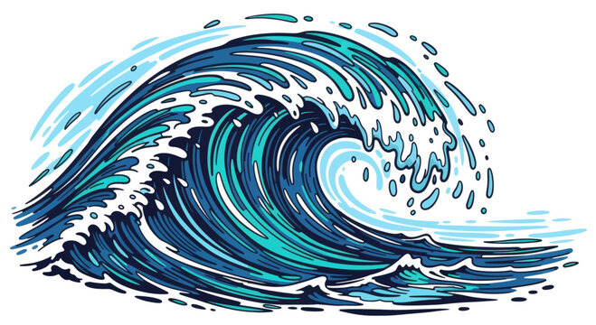 Dynamic stylized crashing wave with splashing water and white foam against a white background