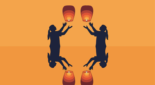 Four figures release glowing lanterns into an orange sky, two upside down