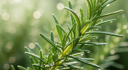 Fresh Rosemary Sprig with Water Droplets, Macro Photography of Aromatic Herb for Culinary and Medicinal Use, Natural Green Background with Bokeh Lights © Ummu MMM