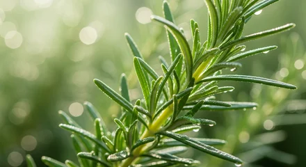Fresh Rosemary Sprig with Water Droplets, Macro Photography of Aromatic Herb for Culinary and Medicinal Use, Natural Green Background with Bokeh Lights © Ummu MMM