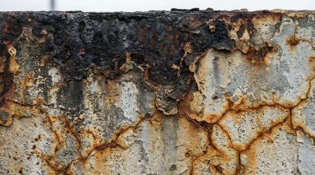 Close-up of weathered concrete surface with rust and cracks, showing age and decay.