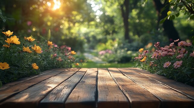 Wooden garden table with flowers and plants background