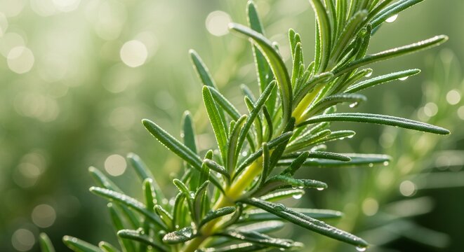 Fresh Rosemary Sprig with Water Droplets, Macro Photography of Aromatic Herb for Culinary and Medicinal Use, Natural Green Background with Bokeh Lights