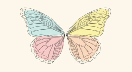 Delicate line-drawn butterfly wings in pastel blue, yellow, pink, and peach © Win