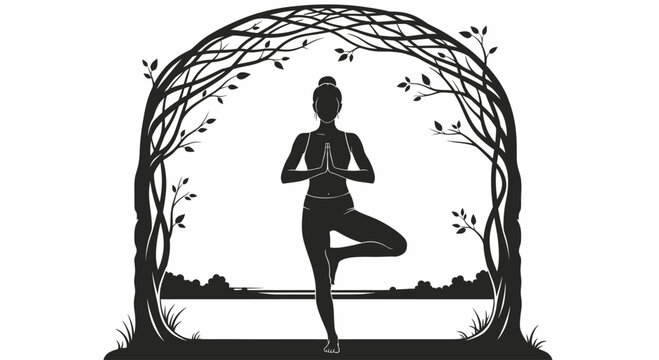 Silhouette of woman in yoga tree pose framed by stylized trees and landscape