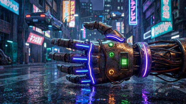 Cybernetic hand, robotic limb, neon lights, futuristic cityscape, sci-fi technology