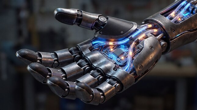 Robotic hand, metallic cybernetic limb, futuristic technology, artificial arm